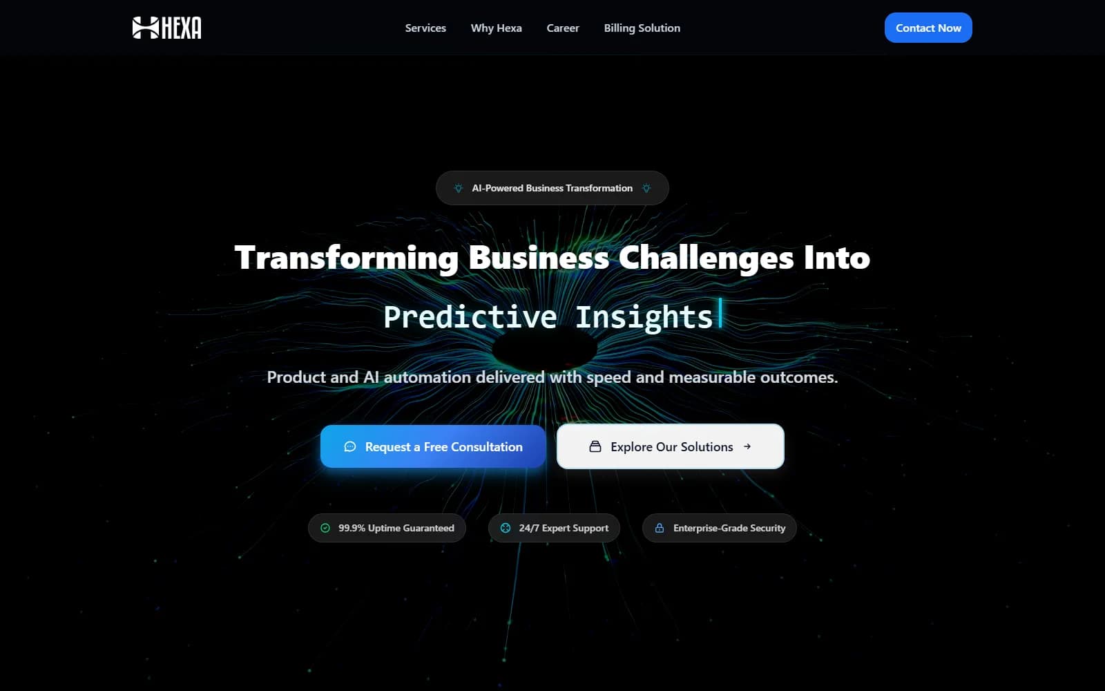 Hexa Consultancy homepage hero: “Transforming Business Challenges Into Predictive Insights”