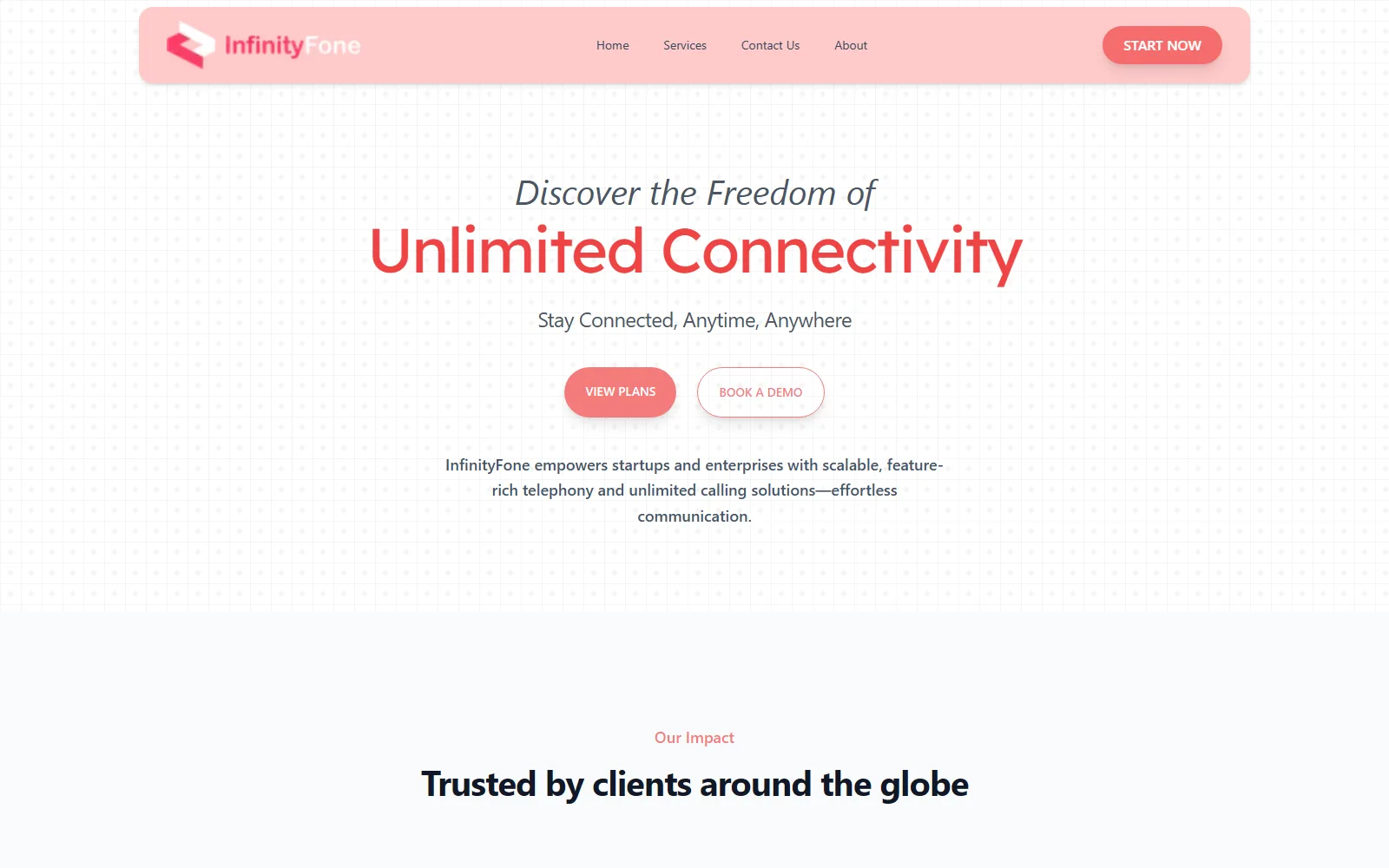 InfinityFone homepage hero: “Discover the Freedom of Unlimited Connectivity”