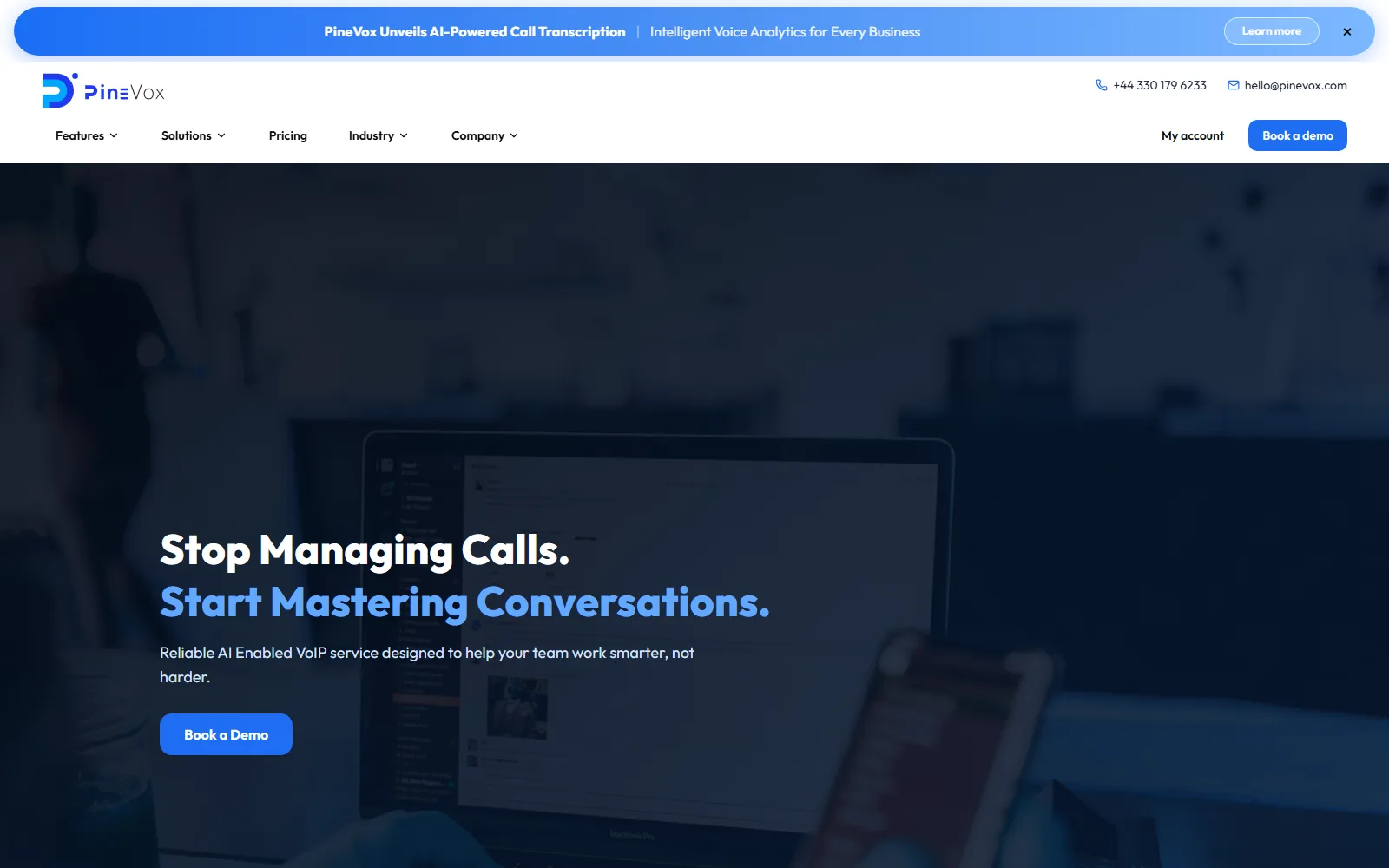 PineVox homepage hero: “Stop Managing Calls. Start Mastering Conversations.”